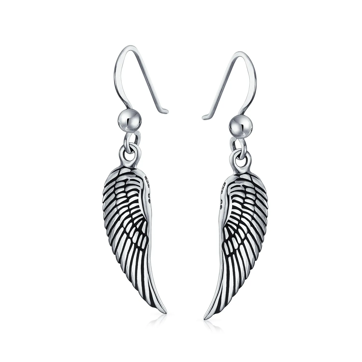 Spiritual Amulet Feathered Heart Angel Wing Dangle Earrings Sterling Silver