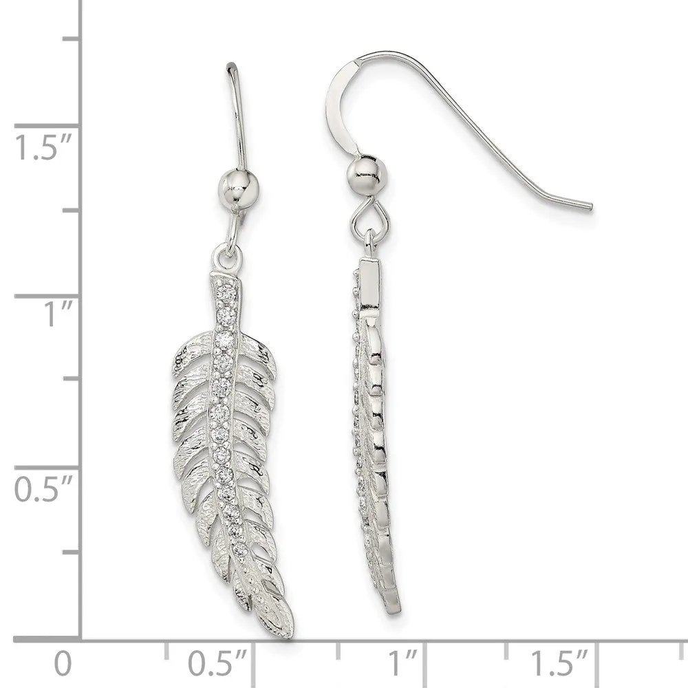 Sterling Silver Cubic Zirconia 39X7MM Drop & Dangle Feather Earrings
