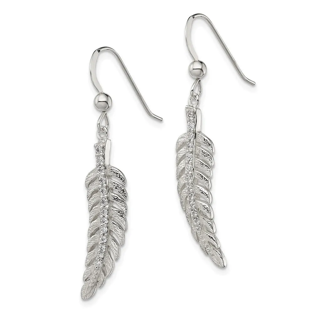 Sterling Silver Cubic Zirconia 39X7MM Drop & Dangle Feather Earrings