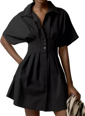 Summer Button Down Pleated Shirt Dress for Women Striped Print V Neck Short Sleeve Mini Dress Casual Corset Dresses