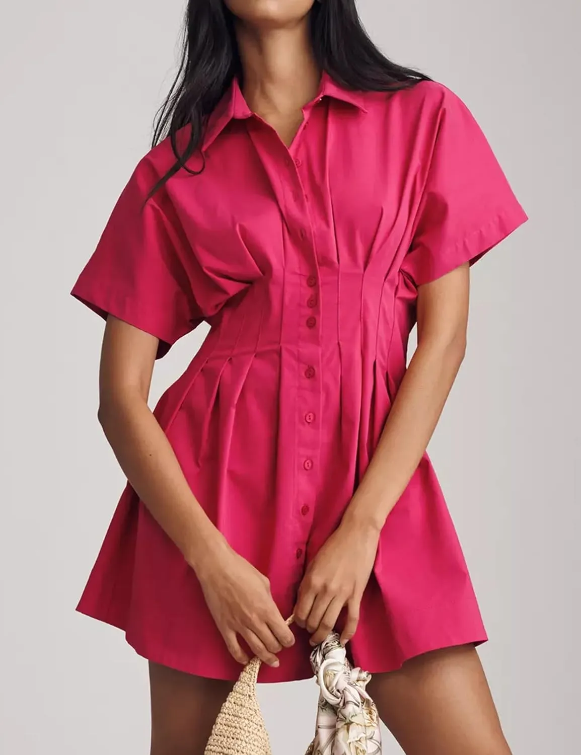 Summer Button Down Pleated Shirt Dress for Women Striped Print V Neck Short Sleeve Mini Dress Casual Corset Dresses