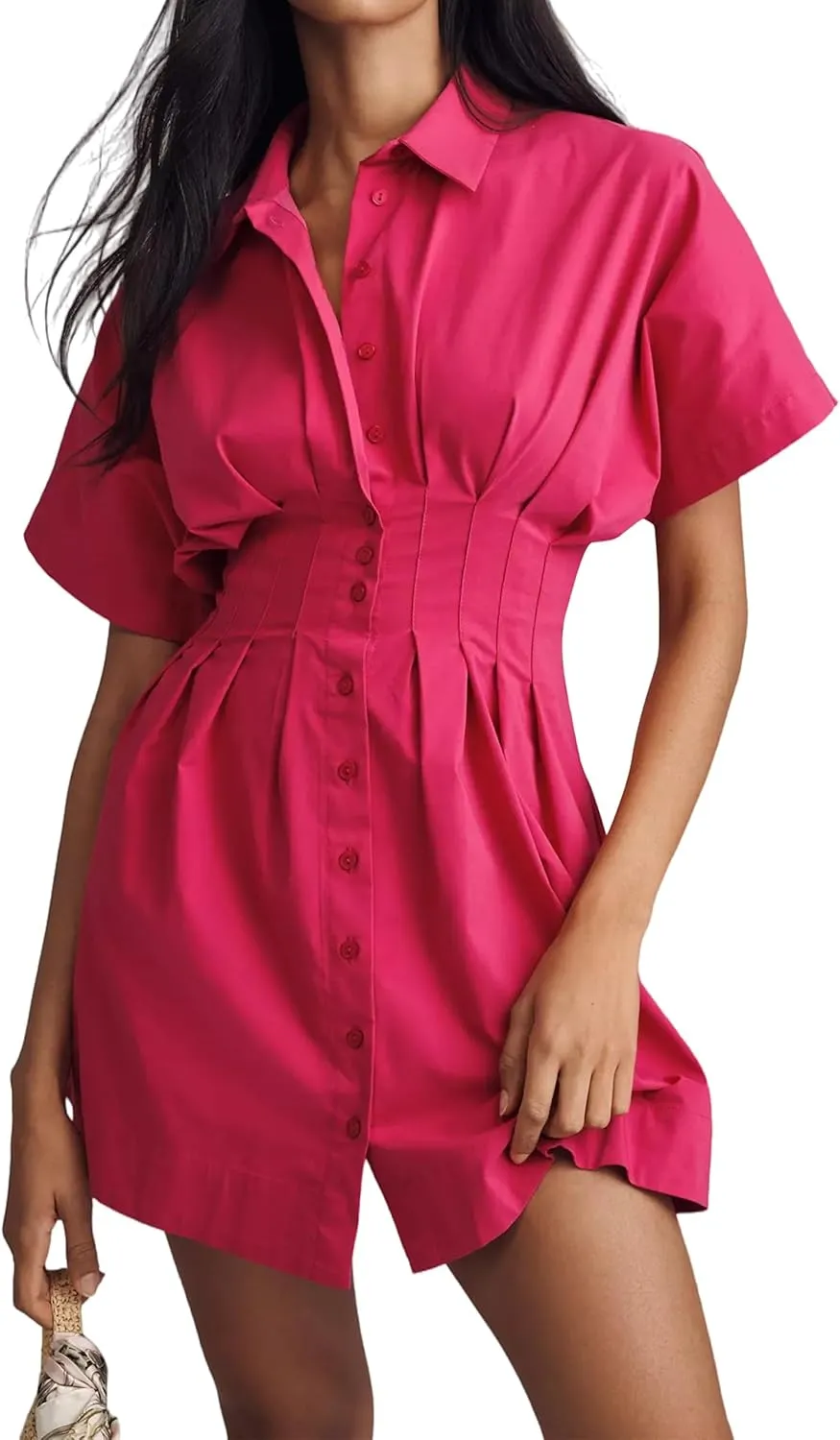 Summer Button Down Pleated Shirt Dress for Women Striped Print V Neck Short Sleeve Mini Dress Casual Corset Dresses