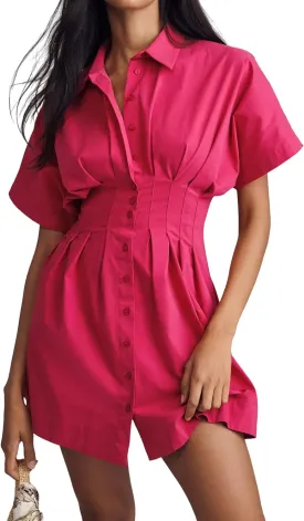 Summer Button Down Pleated Shirt Dress for Women Striped Print V Neck Short Sleeve Mini Dress Casual Corset Dresses