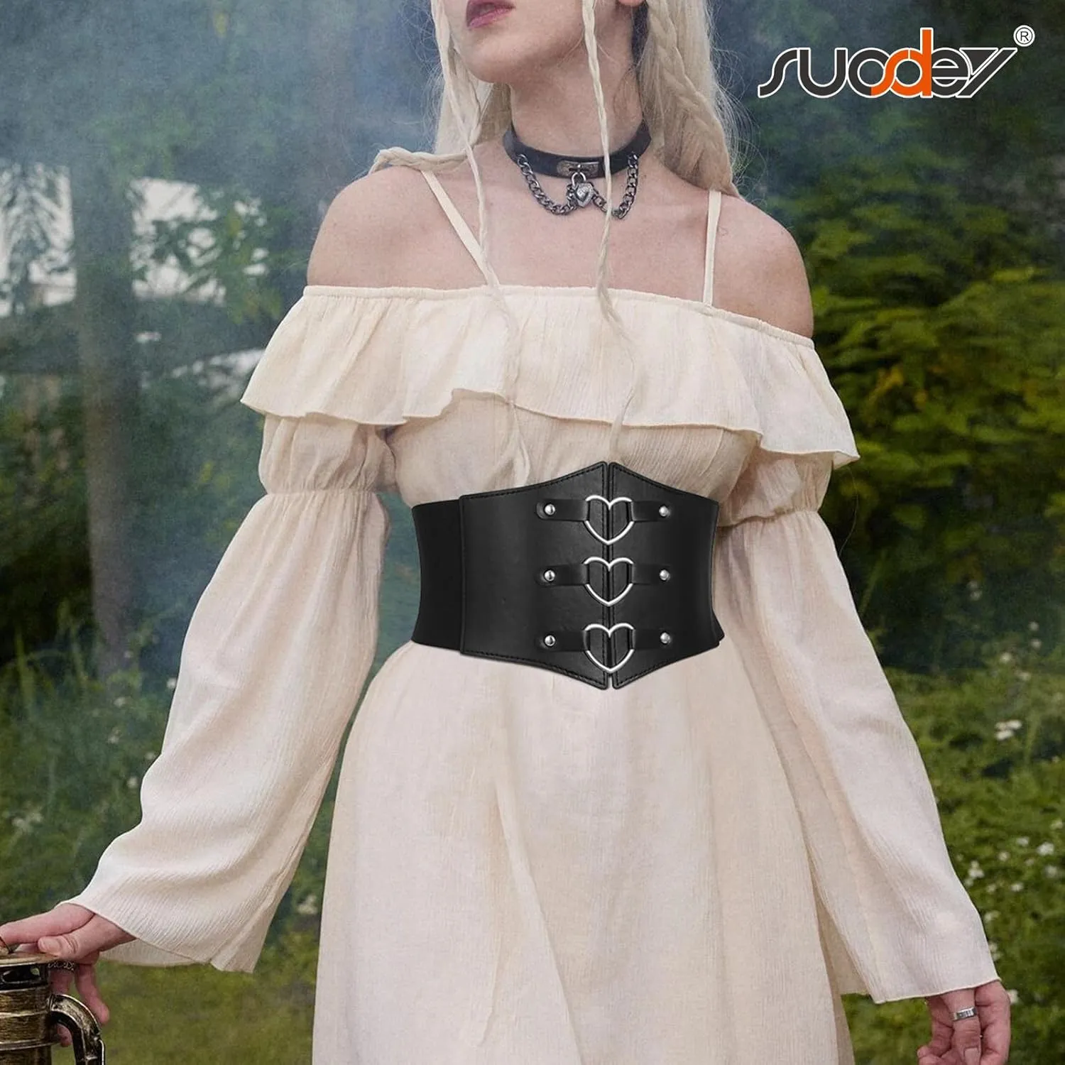 SUOSDEY Women Heart Corset Belt Goth Stylish Wide Elastic Waist Corset for Cosplay Halloween Renaissance Daily