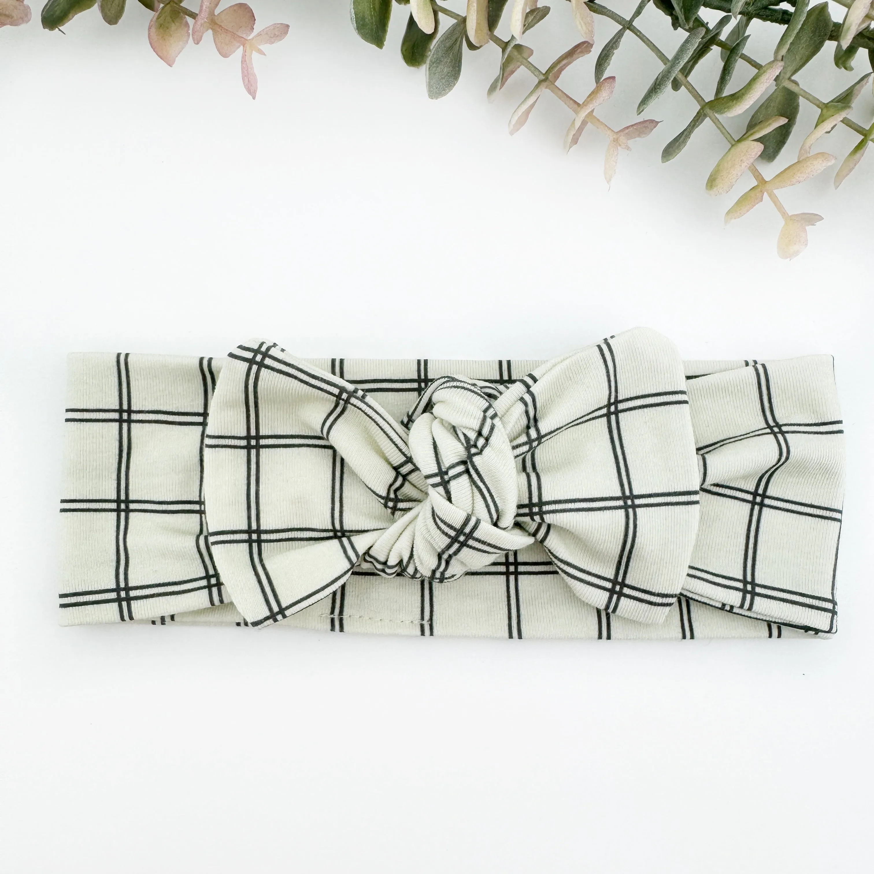 Top Knot Headband -  Black and Ivory Plaid - NEWBORN TO ADULT