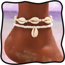 Urieo African Shell Ankle Bracelets for Women Beaded White Anklets Layered Beads Beach Summer Foot Chain JewelryPack of 2