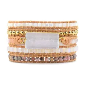 White Selenite & Rhodochrosite Wrap Bracelet by Free Spirit