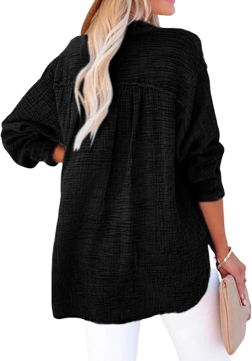 Womens Summer Tops Long Sleeve Henley Shirts Casual Button Down Shirts Oversized Solid Color Blouses Pleated Tops