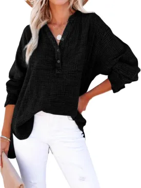 Womens Summer Tops Long Sleeve Henley Shirts Casual Button Down Shirts Oversized Solid Color Blouses Pleated Tops